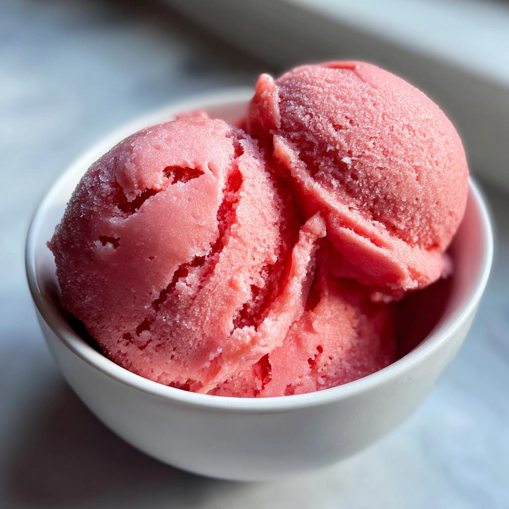 Three scoops of vibrant pink watermelon sorbet in a white bowl, perfect for watermelon recipes.