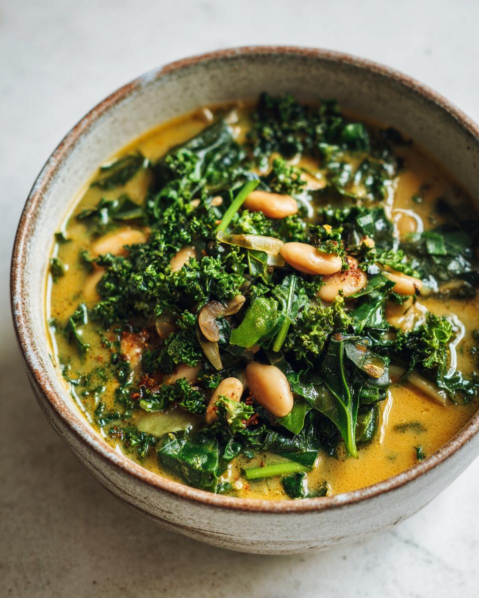 A bowl of hearty white bean kale soup, featuring tender kale, white beans, and a rich broth.