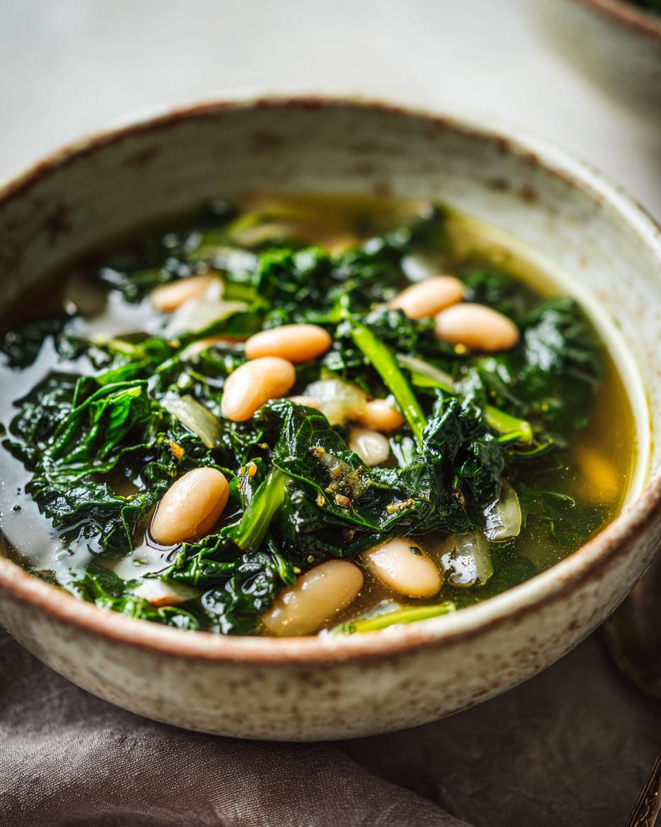 A close-up of a rustic bowl filled with hearty white bean kale soup, showcasing tender kale and creamy white beans in a savory broth.