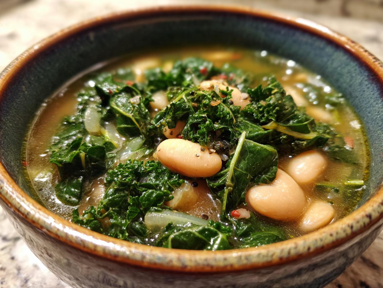 A close-up of a bowl of white bean kale soup, showcasing tender white beans and vibrant kale in a savory broth.