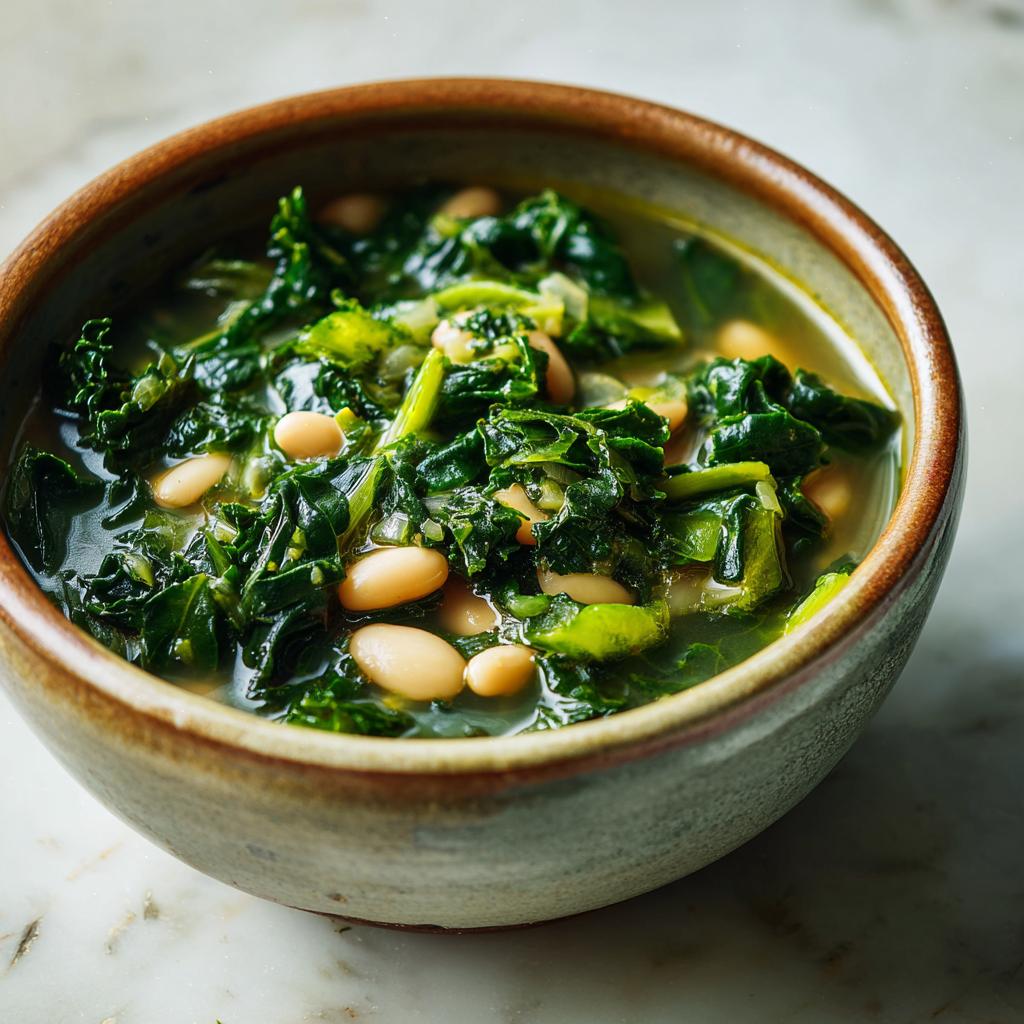 Close-up of a bowl of white bean kale soup, showcasing tender kale and creamy white beans in a flavorful broth.