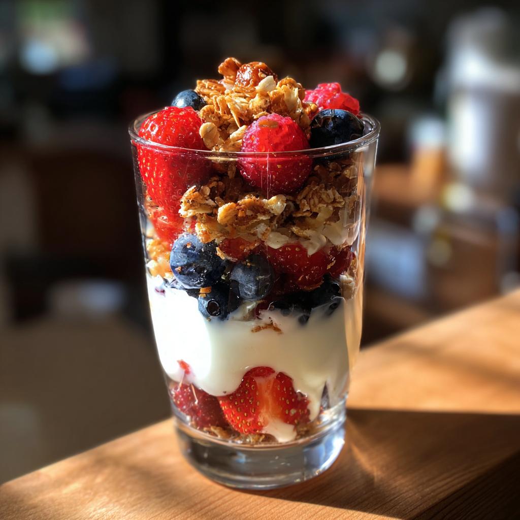 A layered yogurt parfait in a glass, featuring fresh strawberries, blueberries, raspberries, and crunchy granola for breakfast ideas.
