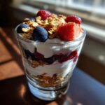 A tall glass filled with layers of creamy yogurt, fresh blueberries, raspberries, strawberries, and crunchy granola, showcasing breakfast ideas that keep yogurt parfaits fresh.
