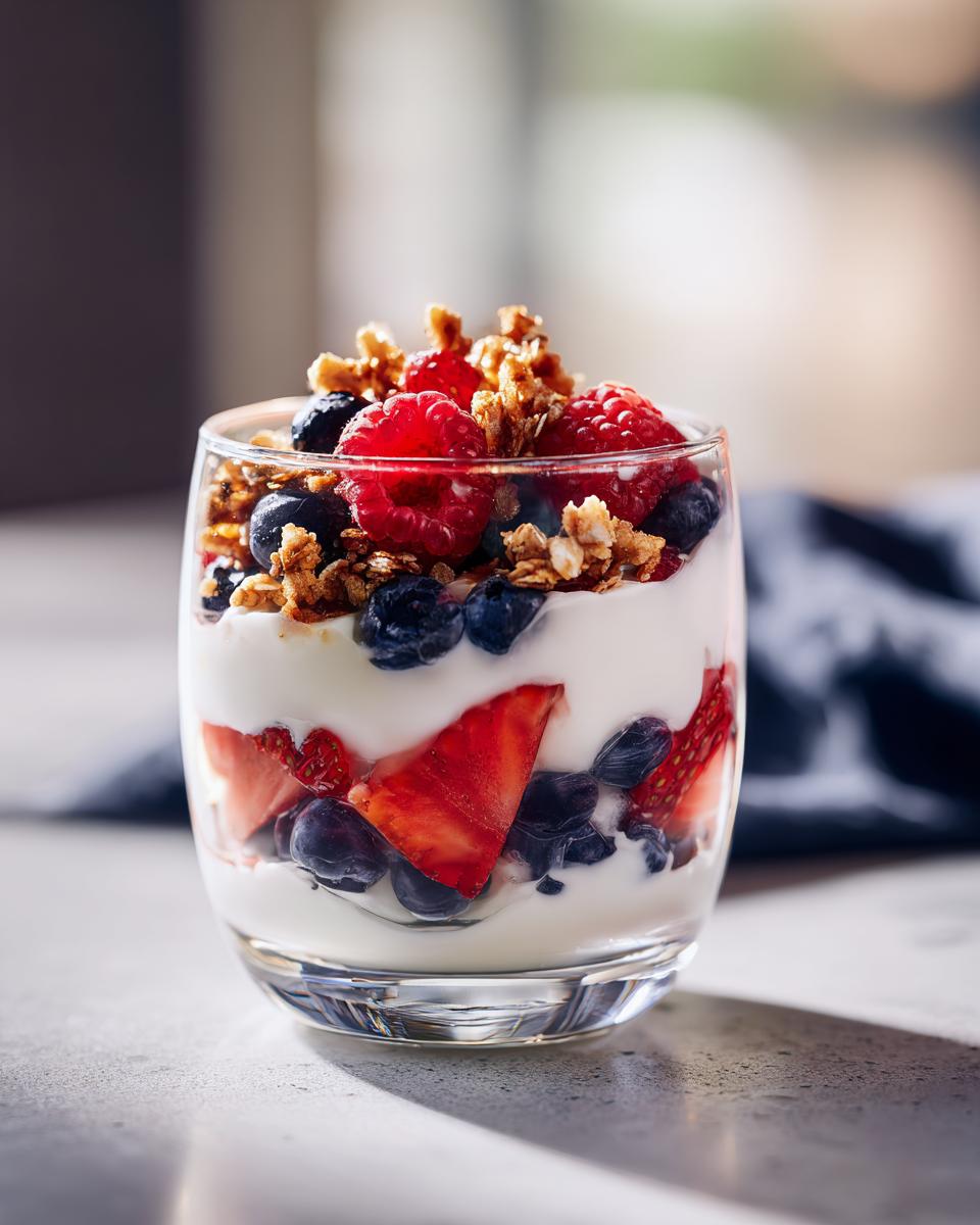 A layered yogurt parfait with fresh strawberries, blueberries, raspberries, and crunchy granola in a glass.