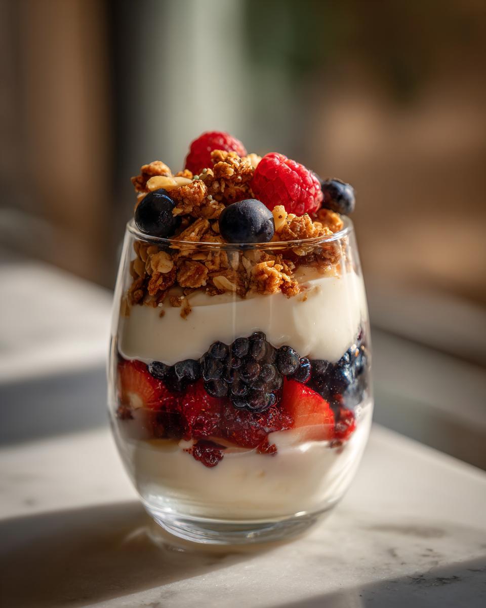 A layered yogurt parfait with fresh berries, granola, and yogurt, showcasing breakfast ideas that keep yogurt parfaits fresh and crunchy.