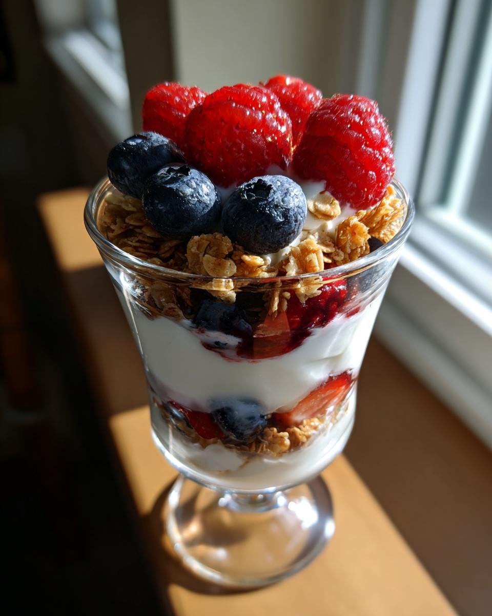 A layered yogurt parfait with fresh berries, granola, and yogurt, perfect for breakfast ideas that keep it fresh and crunchy.