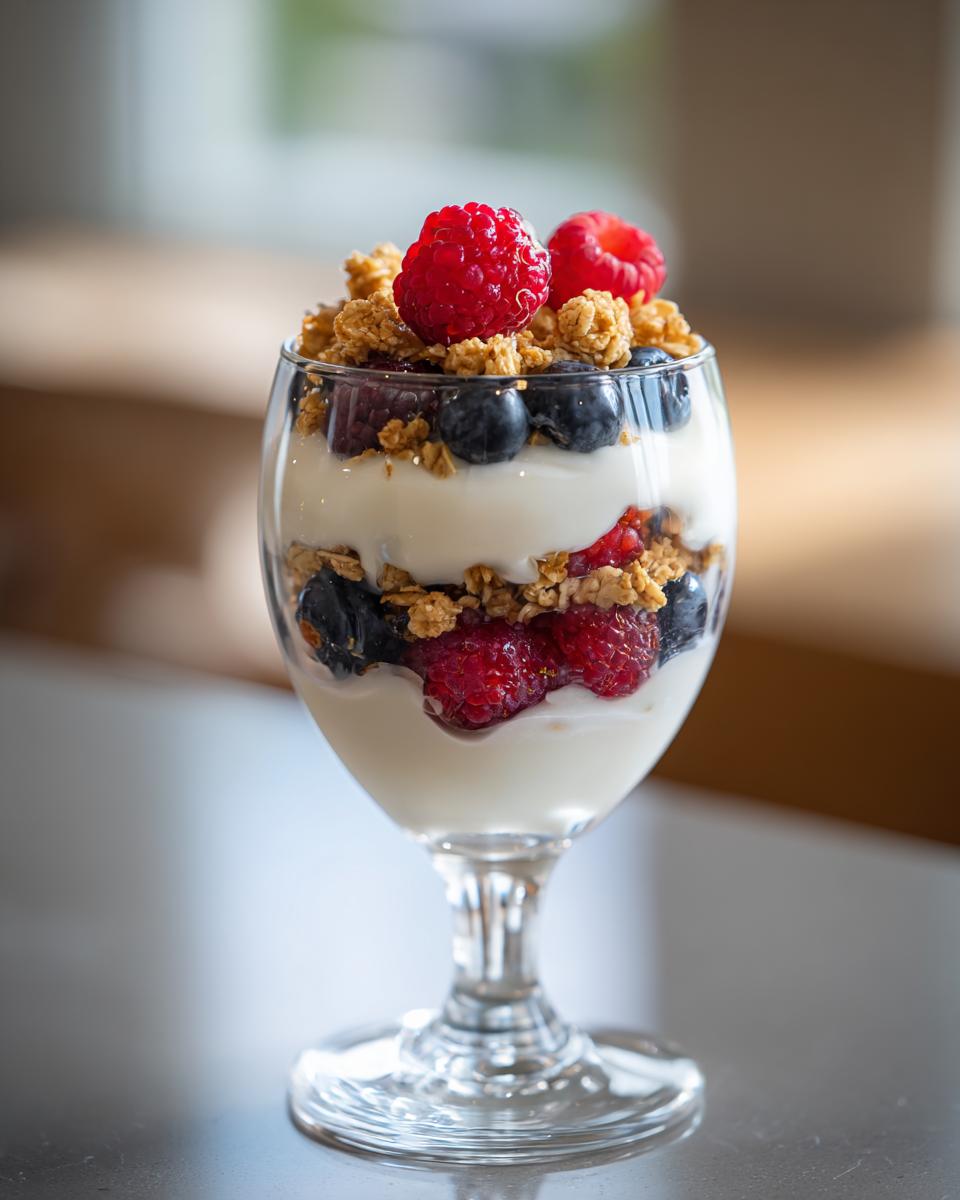 A layered yogurt parfait with fresh berries and crunchy granola in a glass, perfect for breakfast ideas.