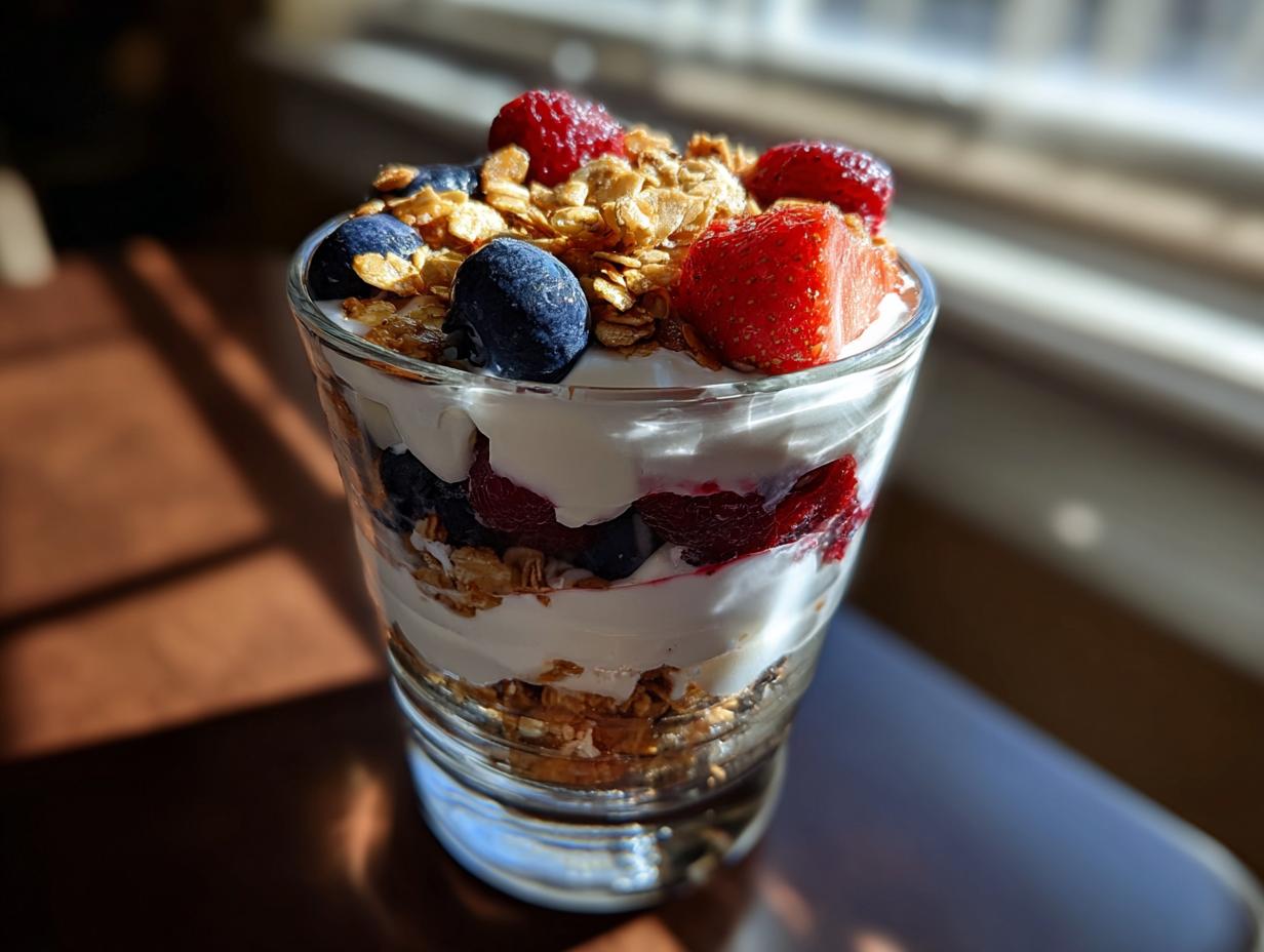 A tall glass filled with layers of creamy yogurt, fresh blueberries, raspberries, strawberries, and crunchy granola, showcasing breakfast ideas that keep yogurt parfaits fresh.
